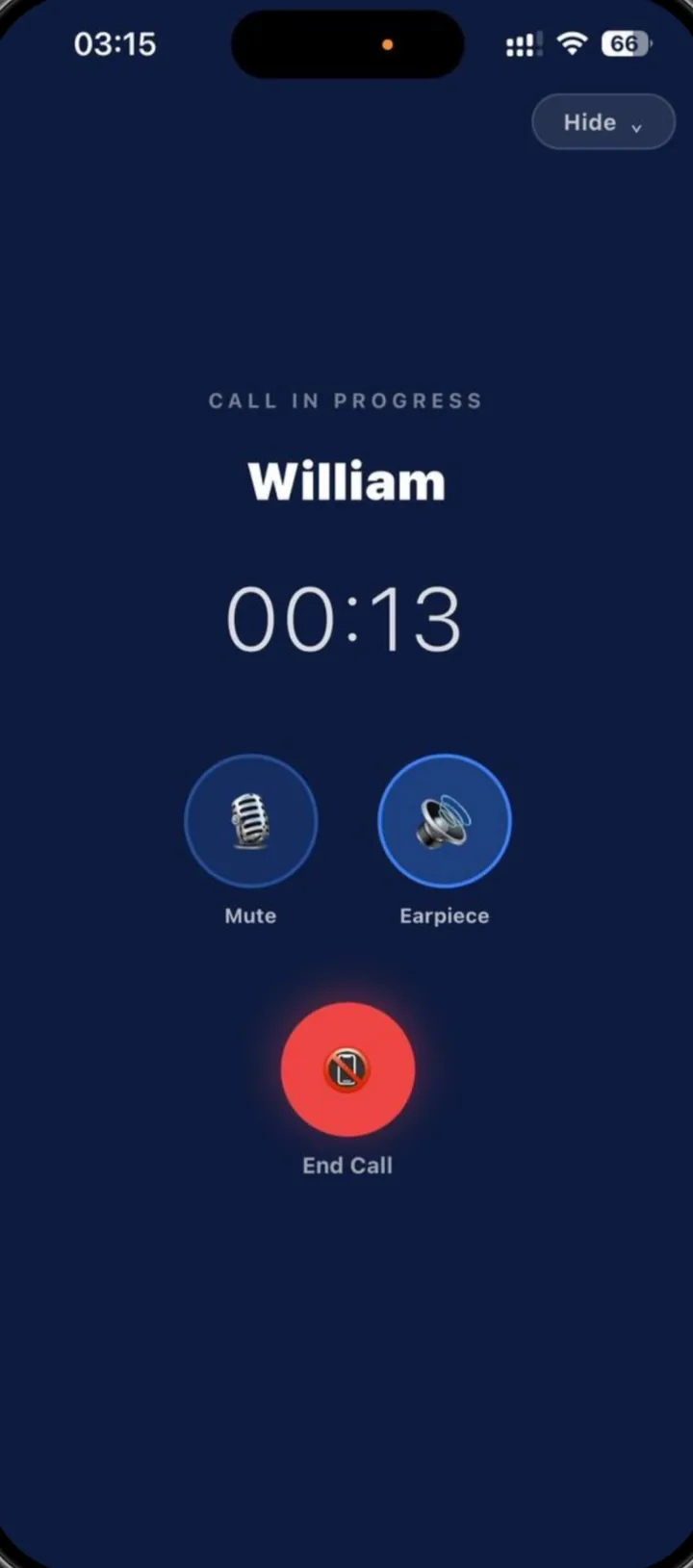 Call in progress screen with mute, earpiece and end call controls